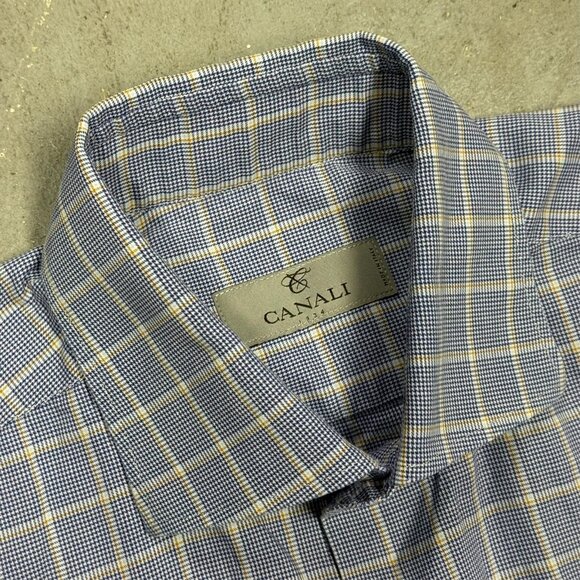 Canali Dress Shirt Current Check Houndstooth Italy Cotton Blue 14 1/2 Small - Picture 6 of 9